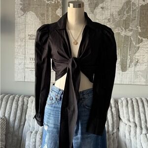 STEPS NY Black Puff Sleeve Tie Front Cropped Collared Shirt Top Womens Size L